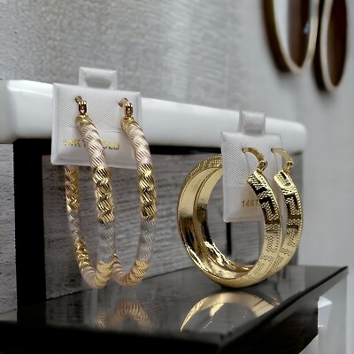 (SET OF 2) 14K Gold Filled 1- 3 Tone 2MM And 1-Greek Click Top Hoop Earrings