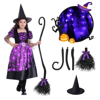 Witch Halloween Costume for Girls Light Up Witch Dress Outfit with Witch Broo...