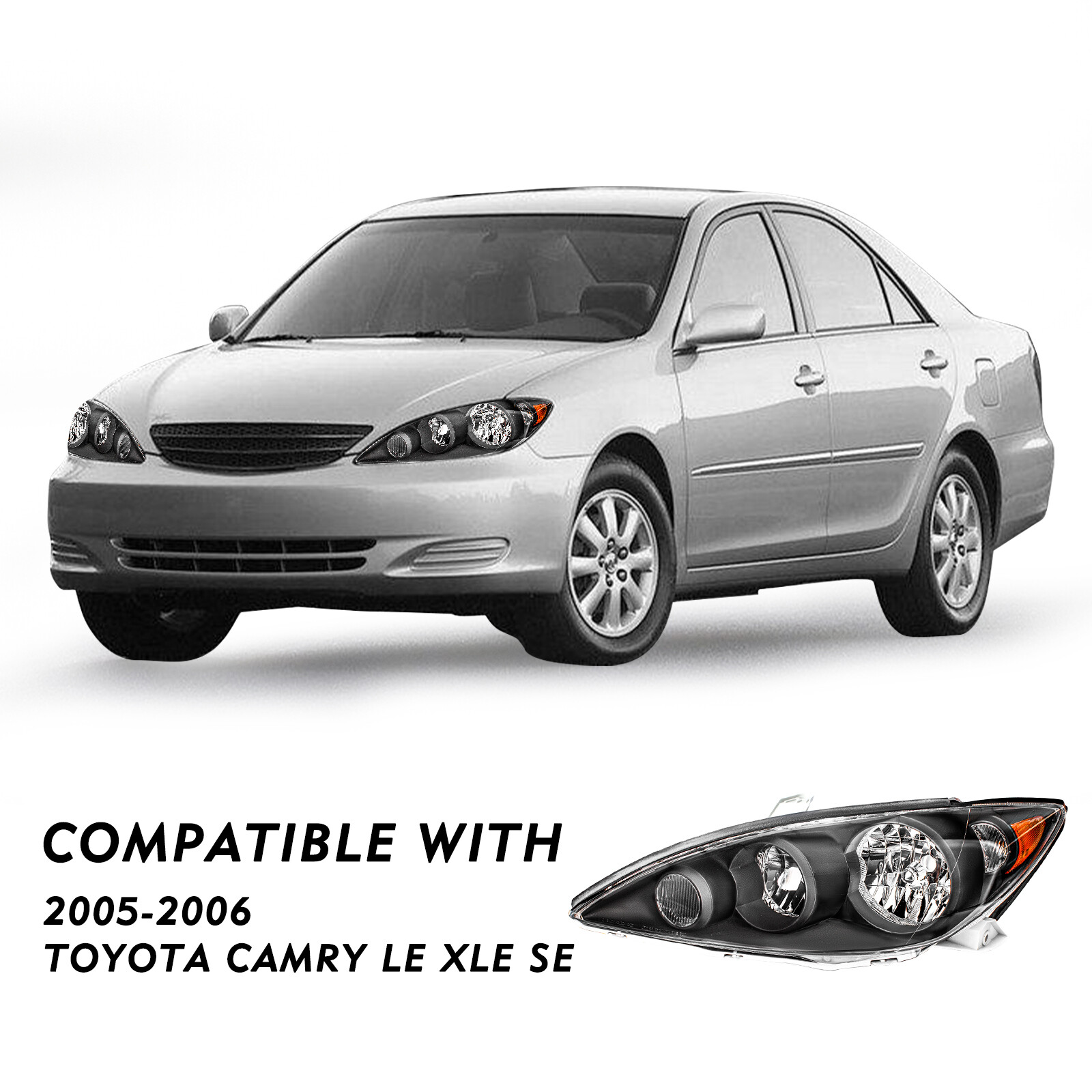 Pair Headlights Assembly for 2005-2006 Toyota Camry LE SE XLE Sedan Black Amber