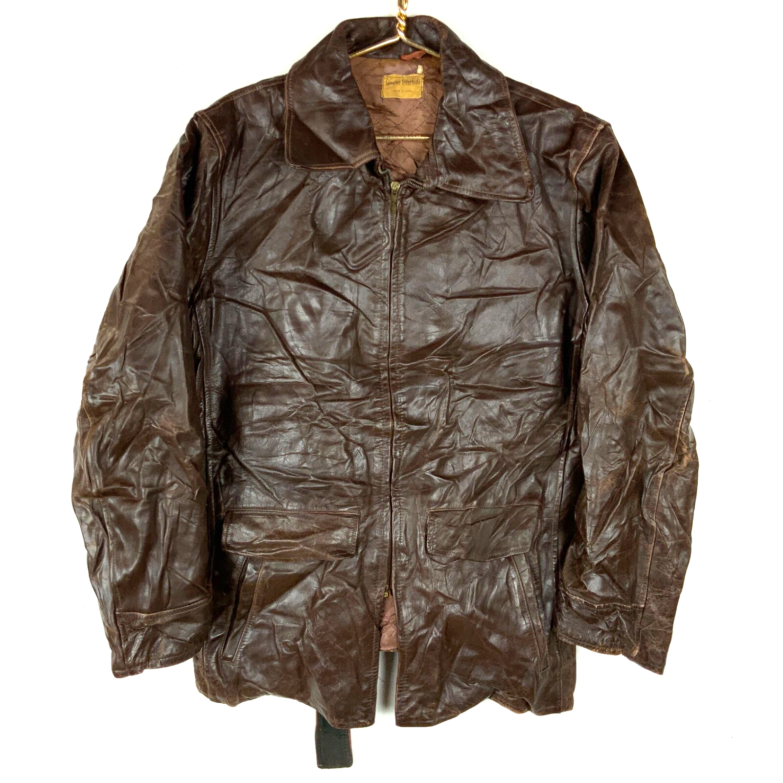 Vintage 1950's-60's Steerhide Leather Jacket Medium Brown Made Usa