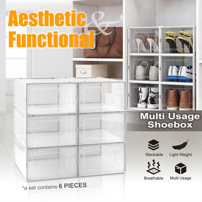 6PCS SML Foldable Stackable Plastic Shoe Box Storage Organizer Transparent Case