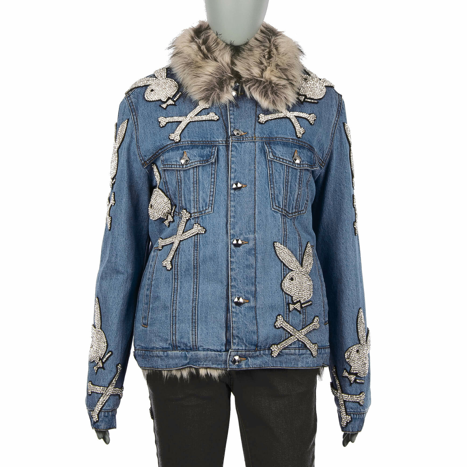 

Длинная меховая джинсовая джинсовая куртка PHILIPP PLEIN x PLAYBOY CRYSTAL Blue SL 08683, Синий