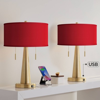 Red Faux Silk Vicki Gold USB Table Lamps Set of 2