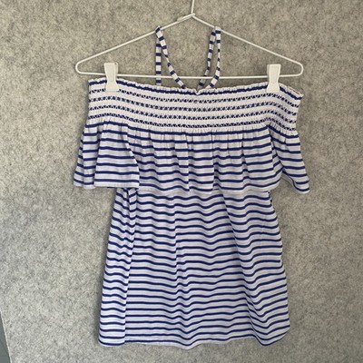 Seed Top Womens XS Blue White Stripe T-Shirt off the Shoulder Casual