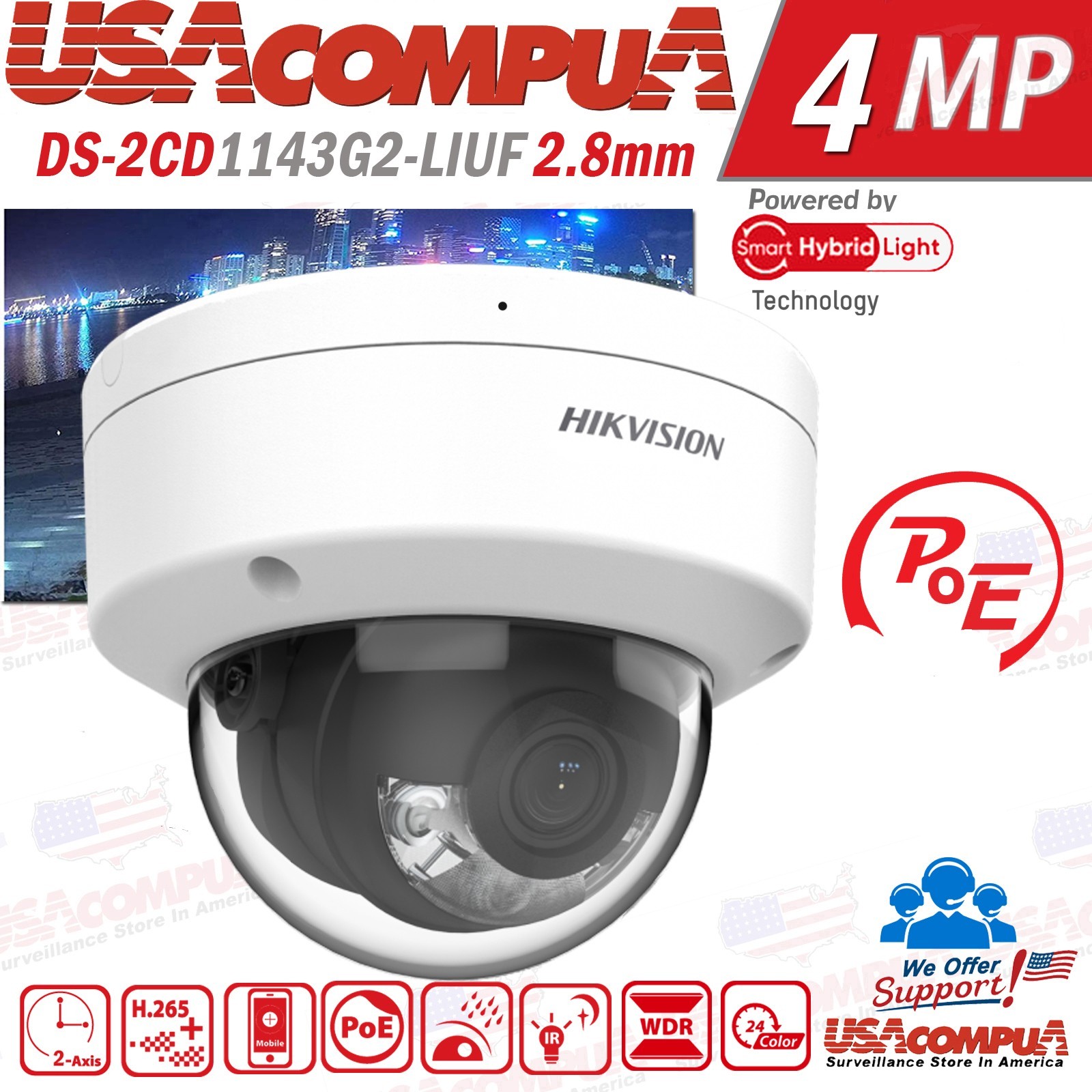 Original 4MP POE IP Network Camera DS-2CD1143G2-LIUF 2.8MM