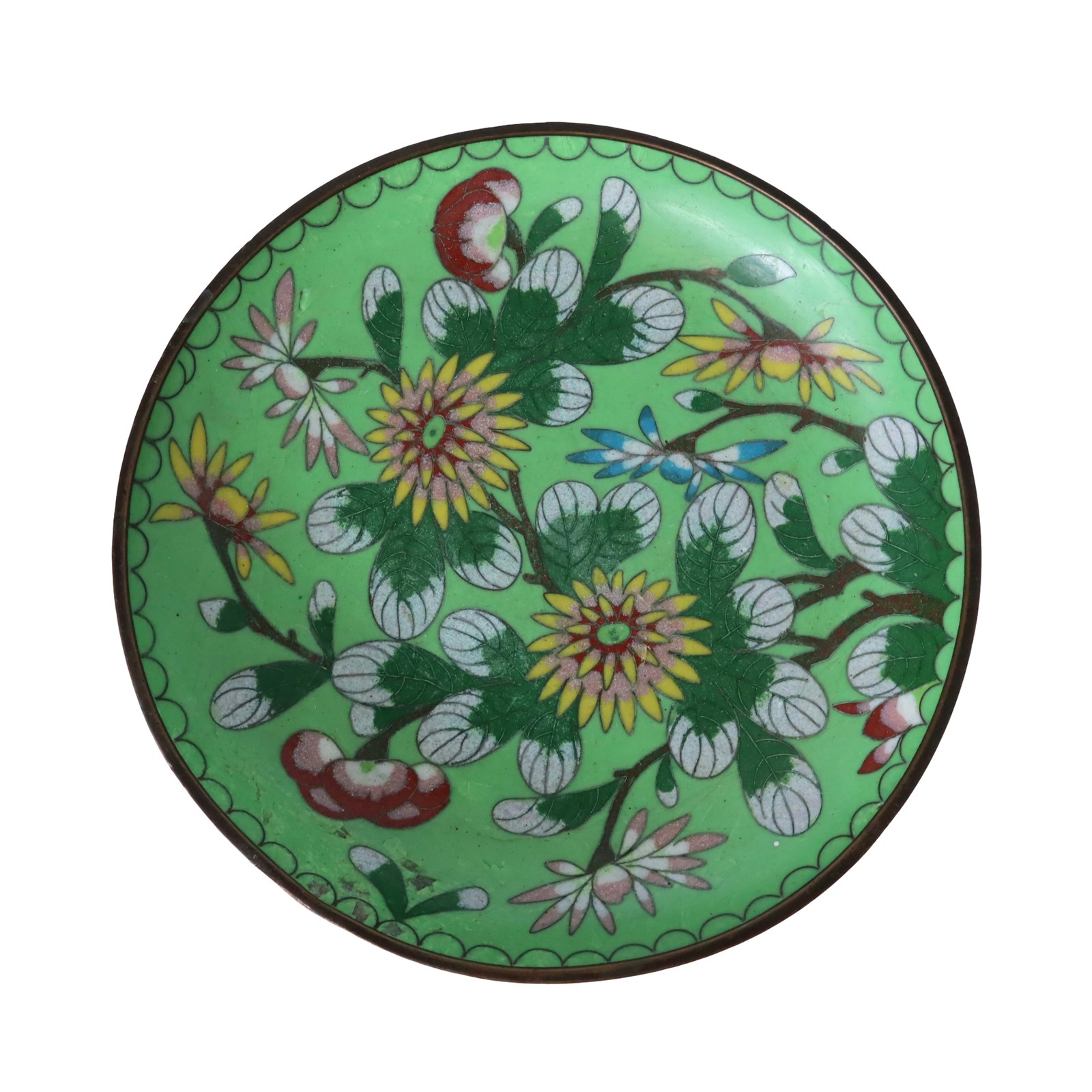 Vintage Chinese Copper Cloisonne Enamel Trinket Dish Plate Green Floral 6"
