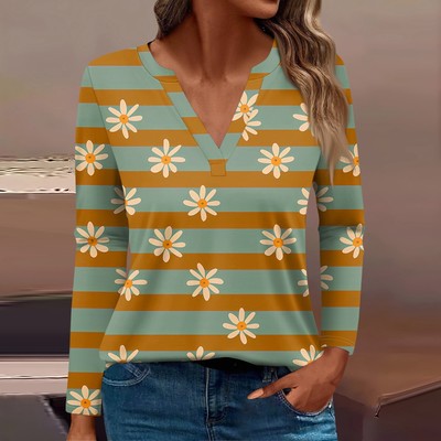 Women's T Shirt Tee Printed Long Sleeve Daily Weekend Fashion Basic V Neck
