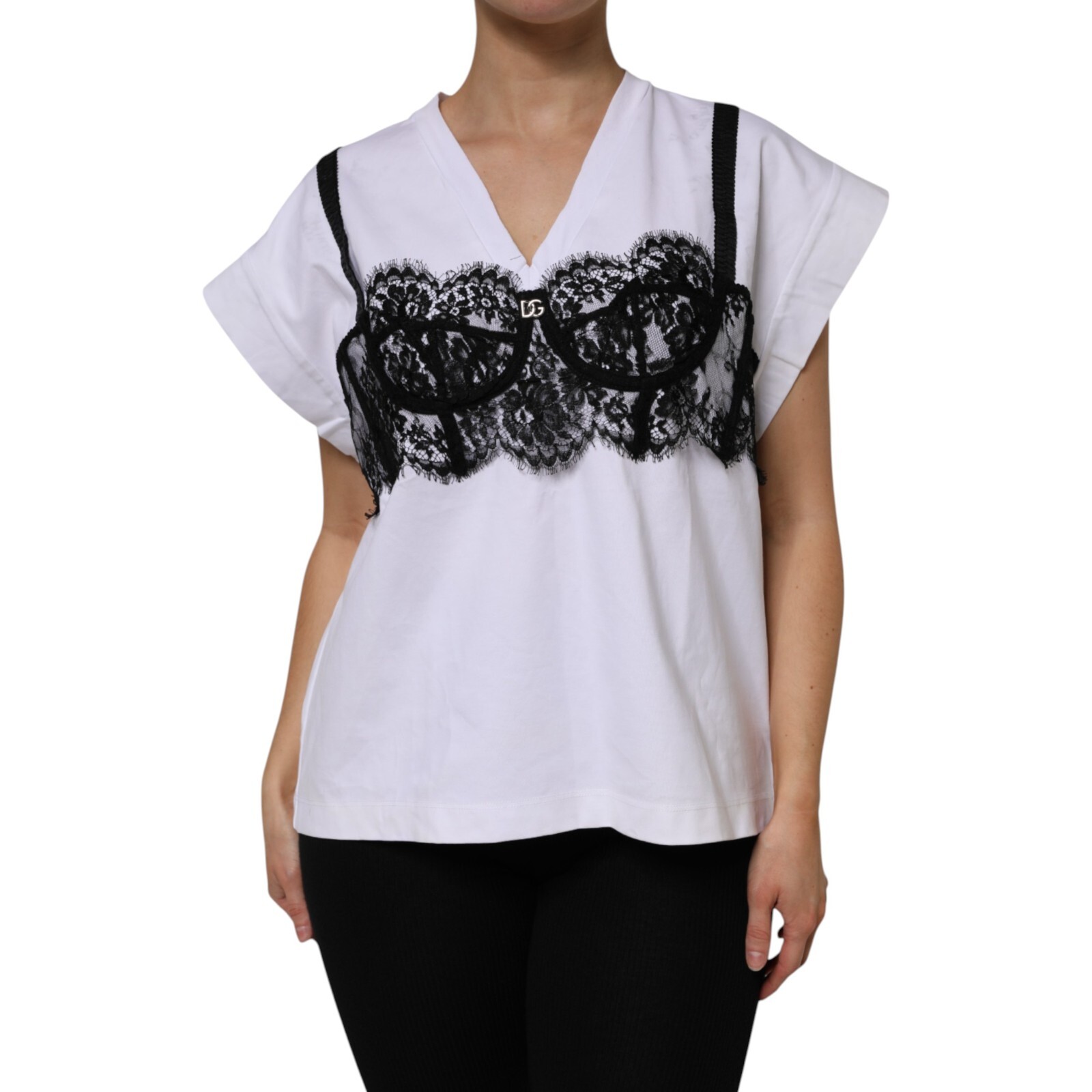 DOLCE & GABBANA Top White Lace Cotton V-Neck Short Sleeves