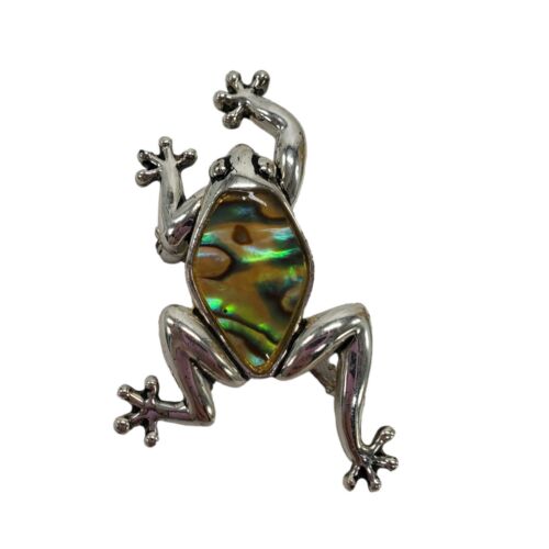Climbing Tree Frog Brooch Pin Pendant Faux Abalone Jelly Belly Silver Tone 2.25"