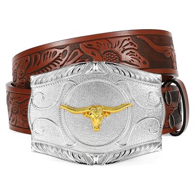 UpFind Western Men Embossed Leather Belt for Jeans Women