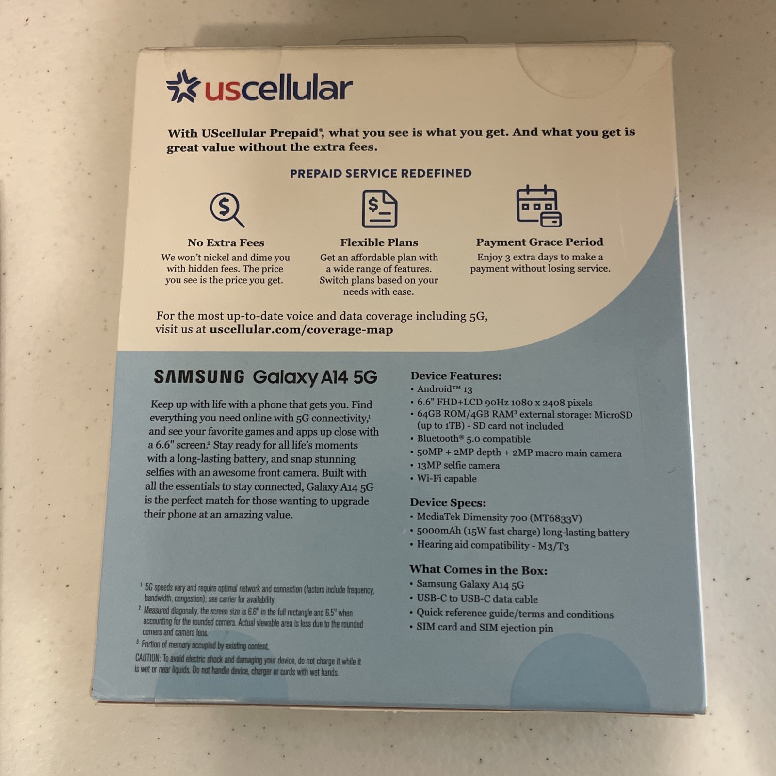 US Cellular Prepaid Samsung Galaxy A14 5G, 6.6” Display, 50MP Camera, Brand New