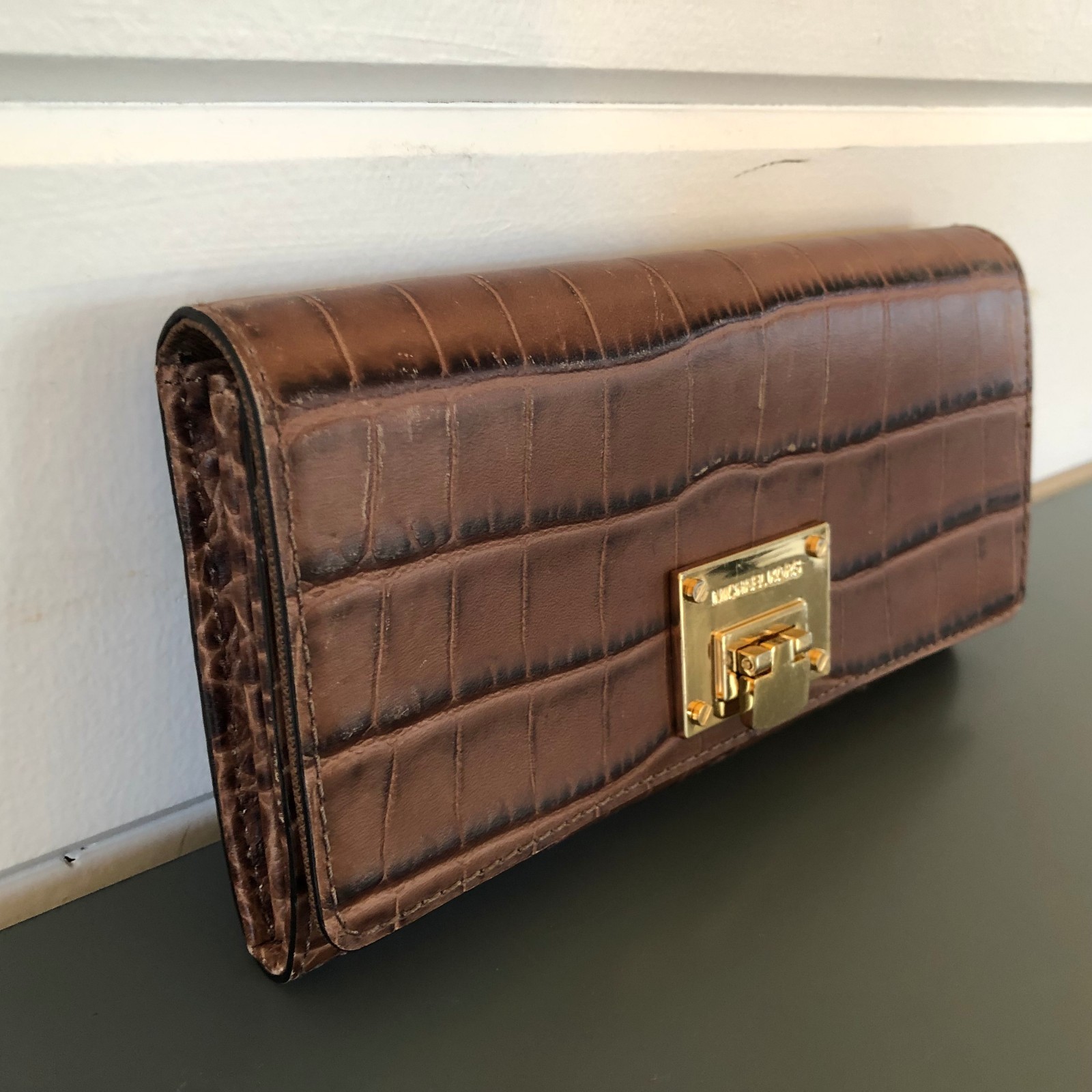 Michael Kors Brown Leather Accordian Bifold Gold Tone Snake Skin Print Wallet