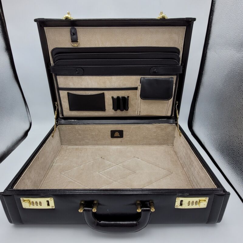 Vintage 80s Top Grain Leather Briefcase Organizer Lockable Mens 18