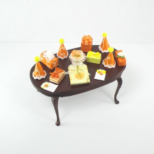 WMH Dollhouse Miniature Happy Birthday Party Set - Gifts Hats Cake Cards -Orange