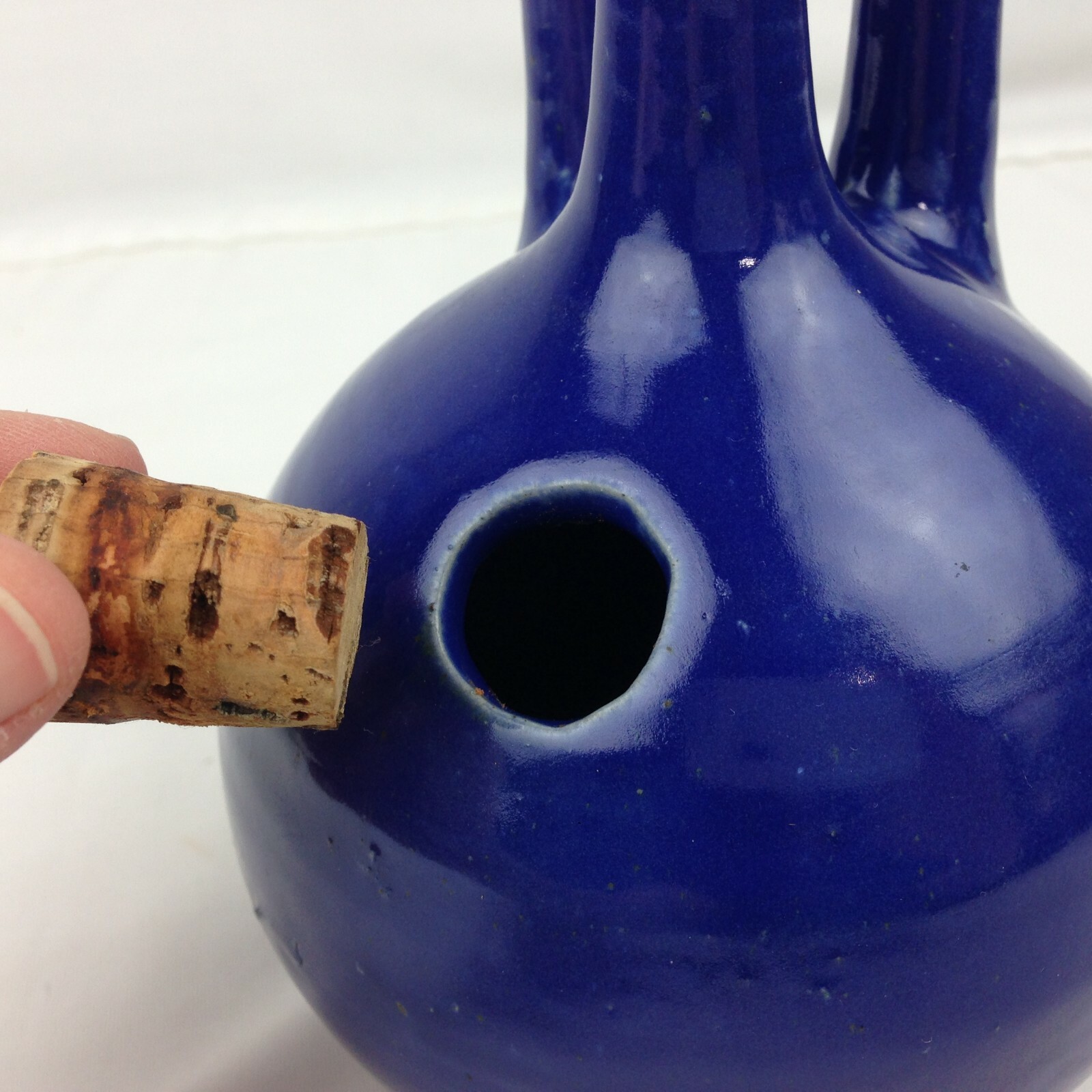 Handmade Studio Clay Pottery Round Triple Tube Oil Lamp Blue Glaze Art Deco