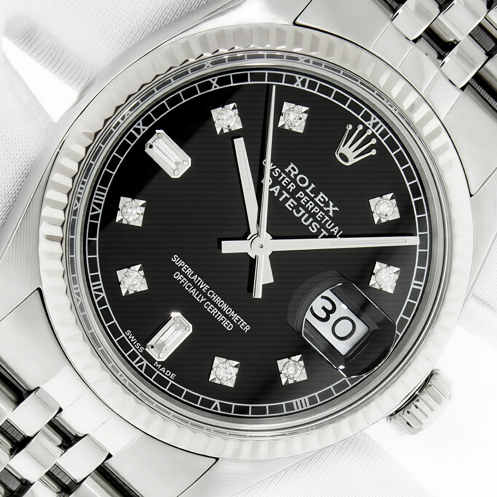 ROLEX DATEJUST BLACK DIAMOND DIAL 18K WHITE GOLD AND STAINLESS STEEL MENS WATCH