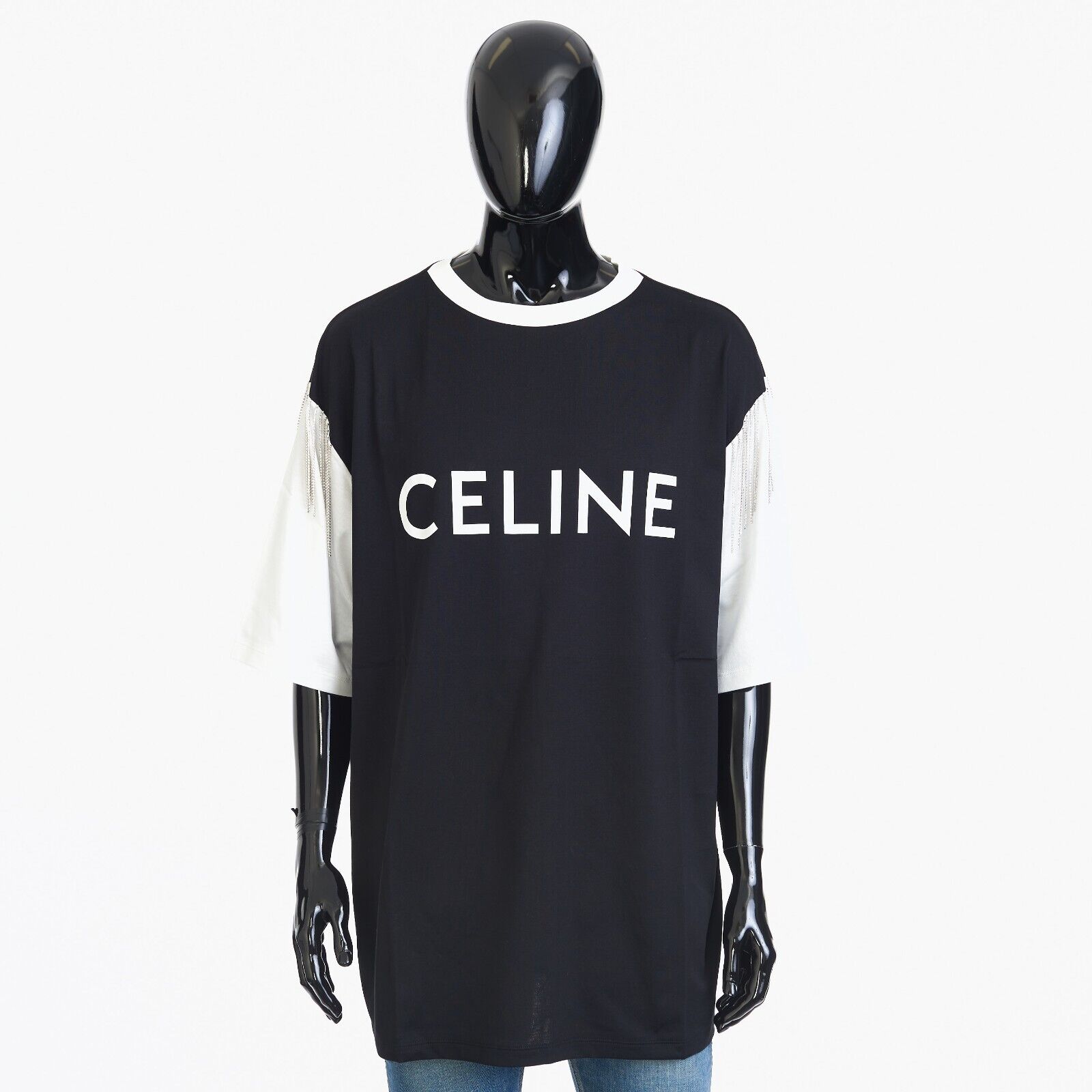 CELINE 1250$ Crewneck T-shirt - Logo Print, Sequined Fringes CELINE 1250$ Crewneck T-shirt - Logo Print, Sequined Fringes