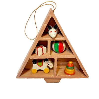Vintage Handcrafted and Painted Wood Christmas Tree with Toys Ornament 3''
