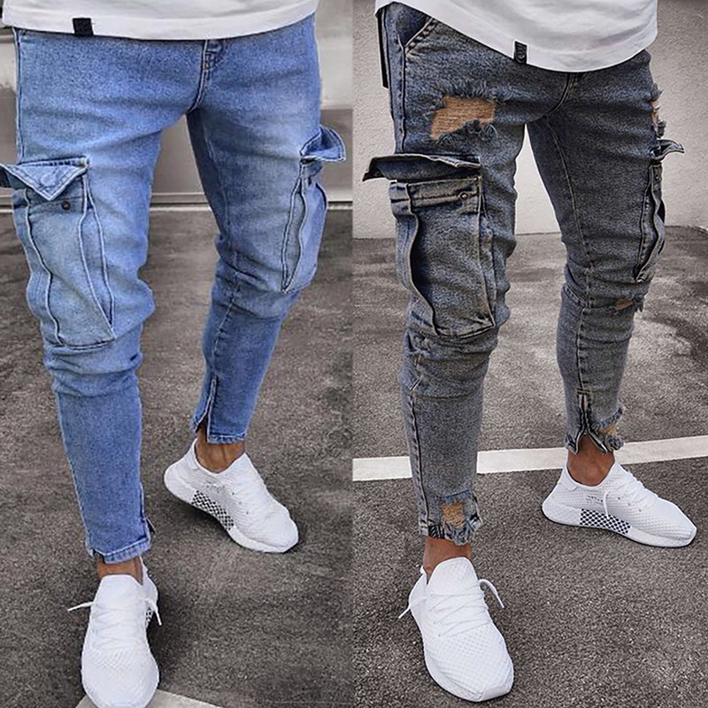 Men Ripped Biker Skinny Jeans Frayed Destroyed Trousers Casual Denim Pants S-XL