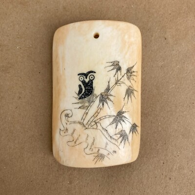 Vintage Hand Carved Etched OWL in Tree Branches on COW BONE