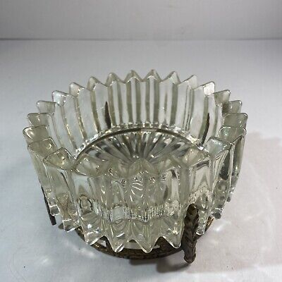 Vintage Mid Century Ashtray Cut Clear Glass W/Brass Stand/ Holder Heavy