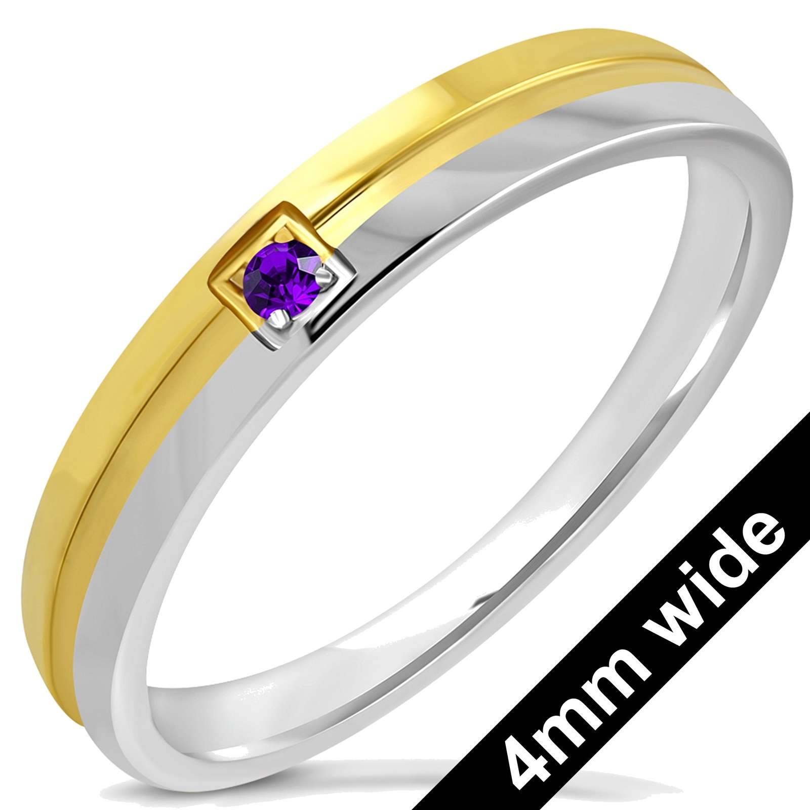 Purple Violet Cubic Zirconia 2-Tone Stainless Steel Ring * Size N1/2 UK - 7 US