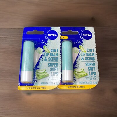 2 pk Nivea 2 In 1 Lip Balm & Scrub, Super Soft Lips, Aloe Vera + Vitamin E .17oz