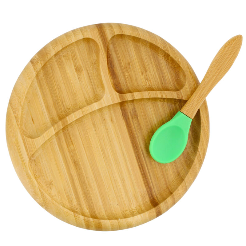 Acorn Baby Bamboo Toddler Plates with Spoon in Green - Baby Plates with Suction