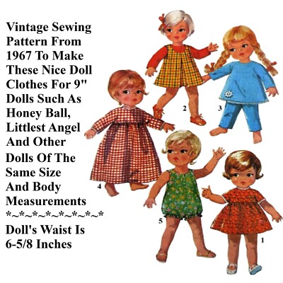 9'' Doll Clothes Vintage Sewing Pattern For Littlest Angel, Honey Ball & More