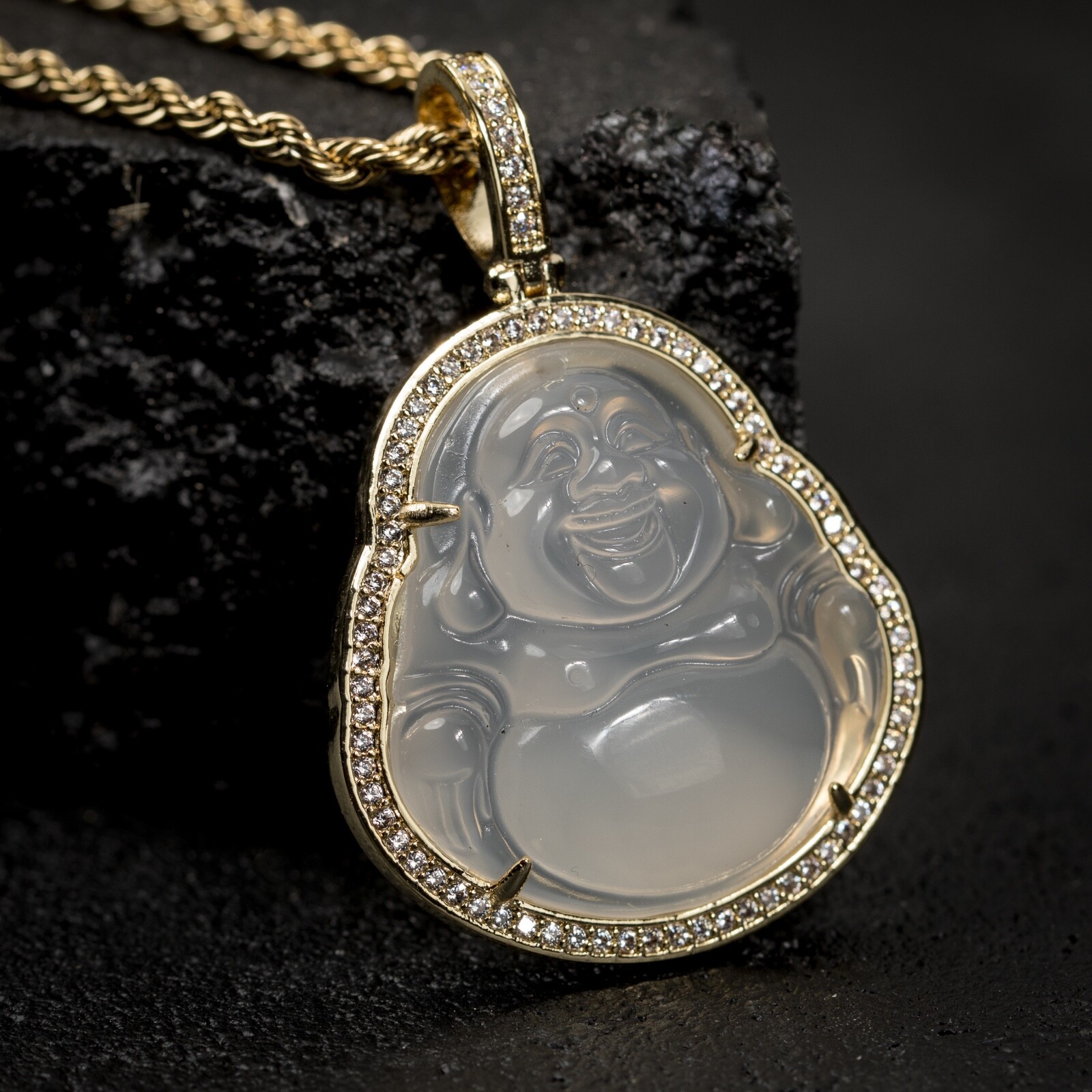 14K Gold Plated Iced Clear White Jade Mini Buddha Pendant