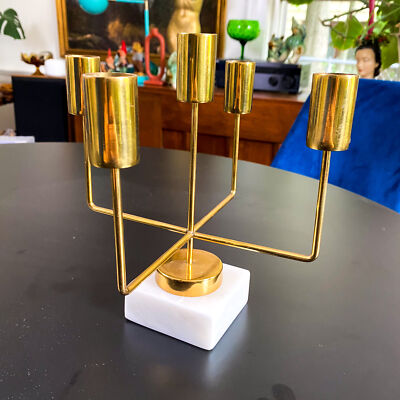 Vtg MCM Modernist Brass & Marble Candlestick Holder 5 Taper Candles Candleabra