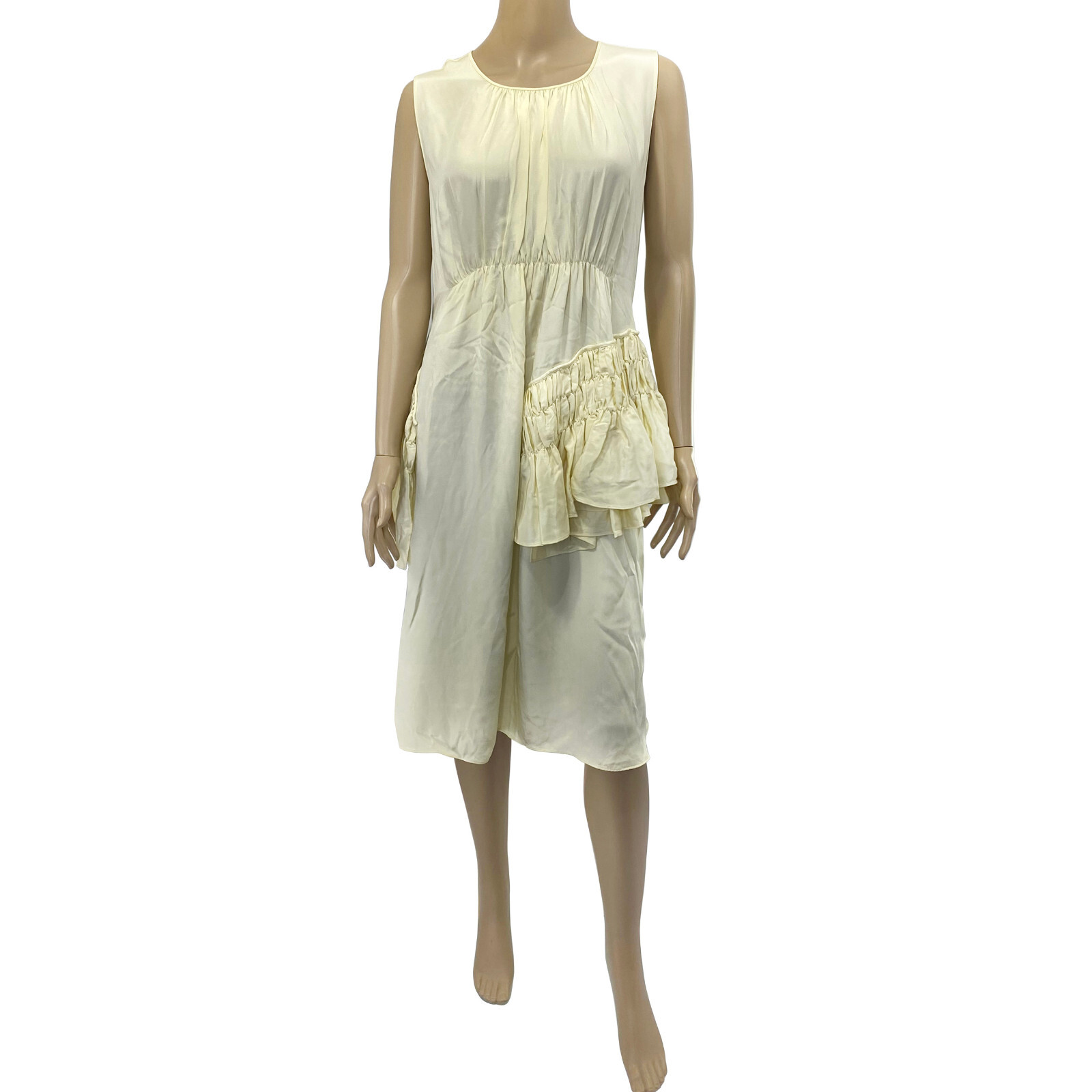 JIL SANDER Vintage White Ivory Shirred Ruffled Midi Dress | eBay