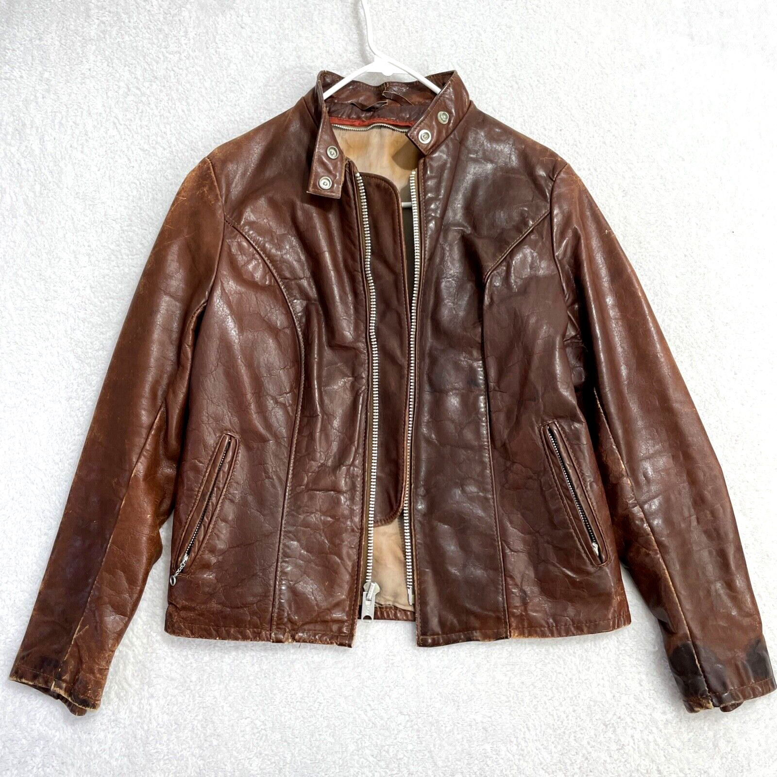 Vintage 60s 70s Kehoe Motorcycle Leather Jacket fits S Talon Distress Racer USED