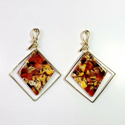 E0595 Gold Tone Base Brown Multi Color Rhombus Acrylic Drop Dangle Earrings