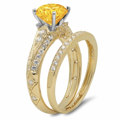 Pre-owned Pucci 2.10ct Round Cut Pave Real Citrine Wedding Statement Ring Set 14k 2 Tone Gold In Yellow