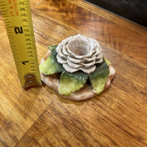 Vintage Porcelain Rose Candle Holder Green Leaves