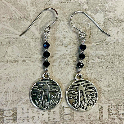 Silver Tone Czech Black Bead & Silver Tone Lighthouse Charm Dangle Earrings S173