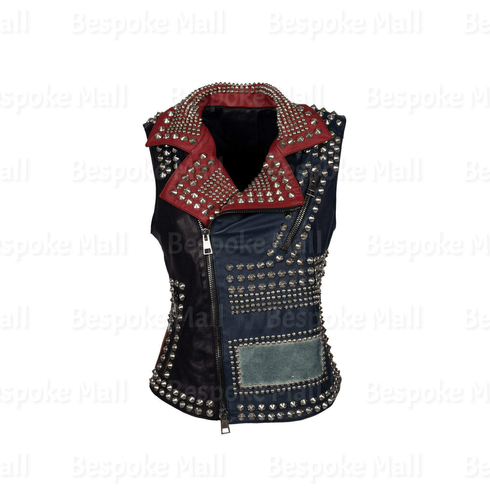 Pre-owned Handmade Women's Black Red Silver Studded Punk Unique Cowhide Biker Leather Vest-694