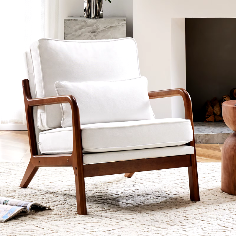 Modern Accent Mid-Century Chair, Upholstered Rocker with Wood Frame and Pillow