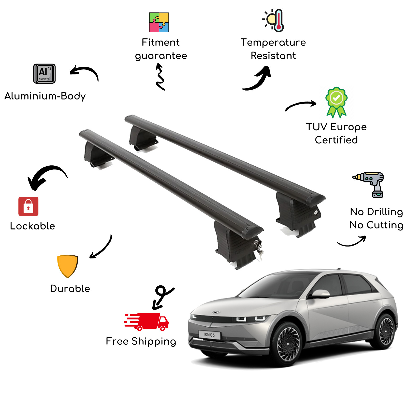 Bare Roof Rack Cross Bars Set for HYUNDAI Ioniq 5 5 Door 21-Up Black