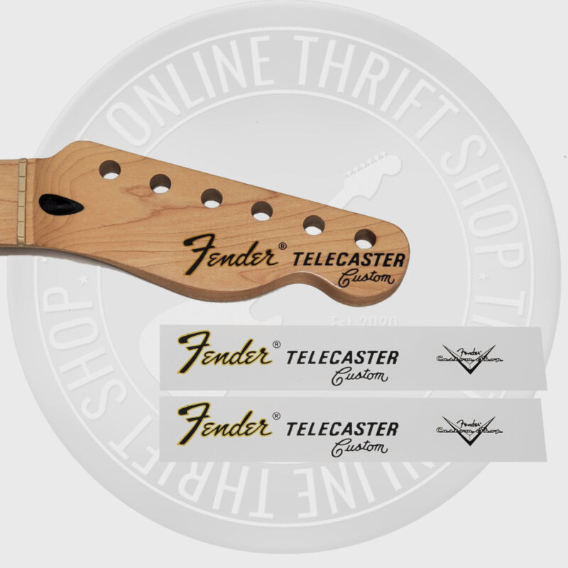 (2) Fender Tele Custom Style Waterslide Decals for Headstock w/ Custom Shop Logo