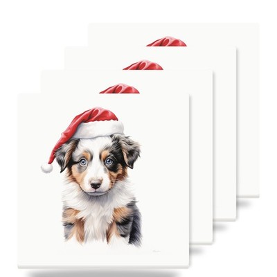 Australian Shepherd Puppy Drawing Santa Hat Watercolor Blue Ey Coaster Set of 4
