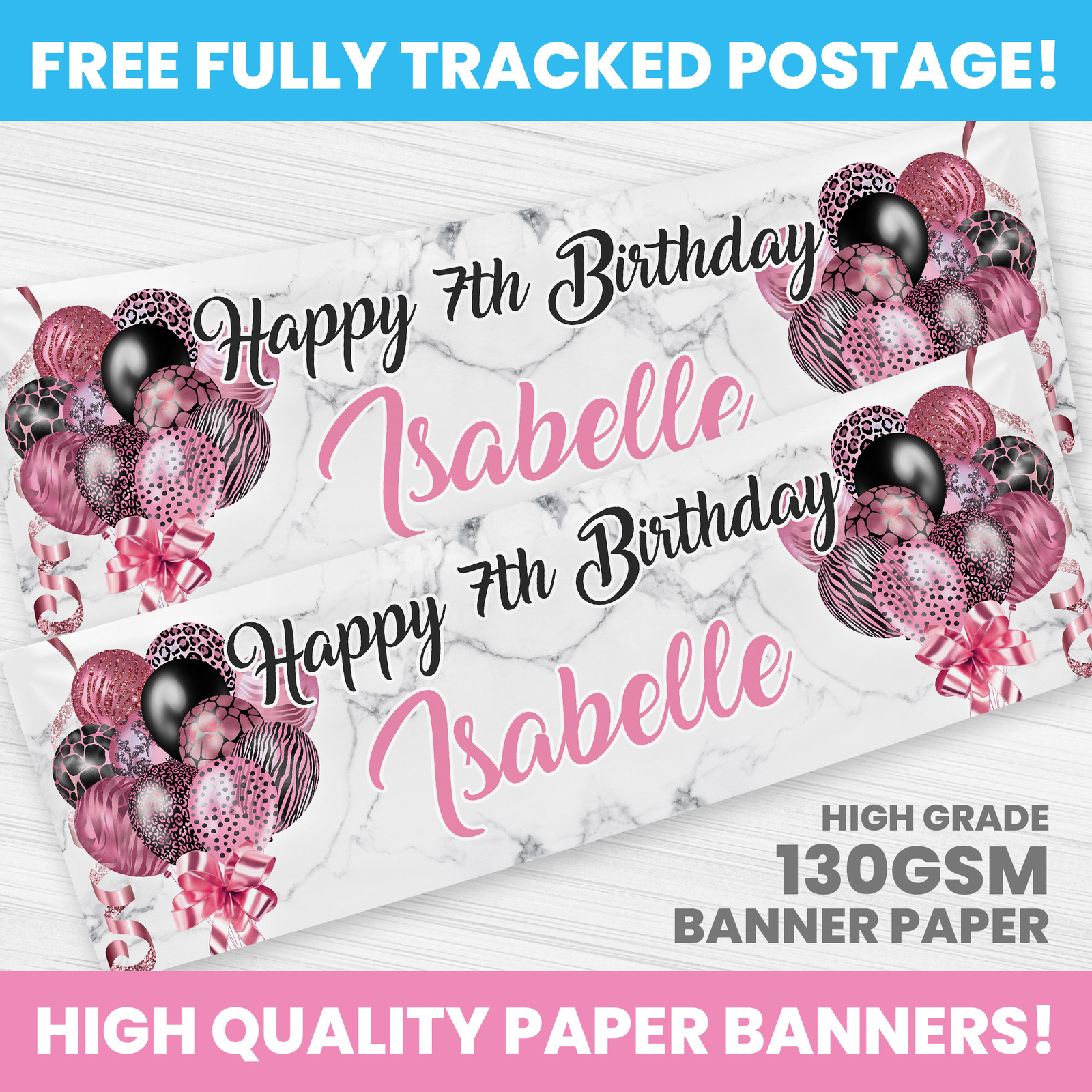 PINK BLACK PERSONALISED BALLOON BIRTHDAY BANNER PARTY DECORATION BANNERS