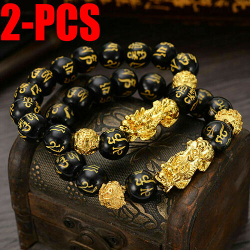 2x Feng Shui Black Obsidian Beads Bangle Bracelet Attract Wealth Good Luck PIXIU 1