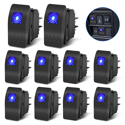 10pcs Marine Boat Car Rocker Switch Blue LED 12-24V SPST 4 PIN ON-OFF Waterproof