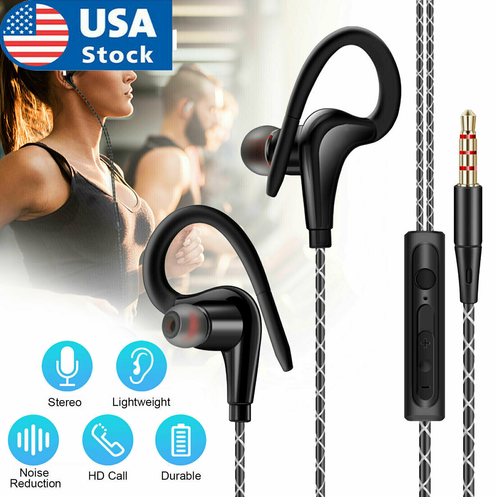 In-Ear Wired Sport Running Earphone Earbuds Over ear Hook Headphone 3.5mm w/MIC