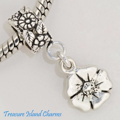 Poppy August Birth Flower 925 Sterling Silver European Dangle Bead Charm Euro