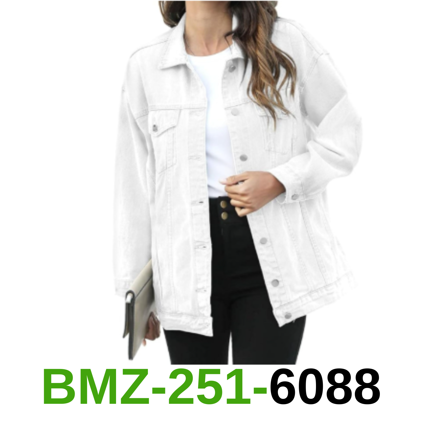 PUWEI Women's Oversized Denim Jacket Distressed Lapel Button Up Long Sleeve,M