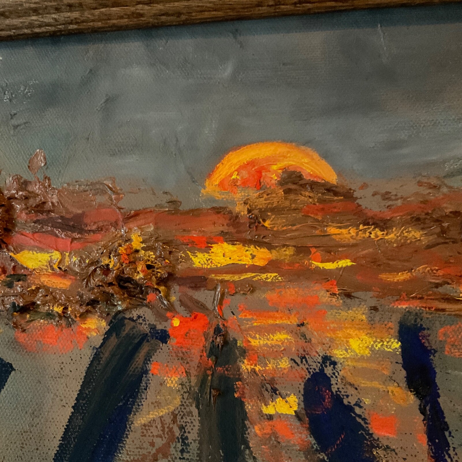 VINTAGE abstract original hand painted PAINTING blues gold sunset small by Janda