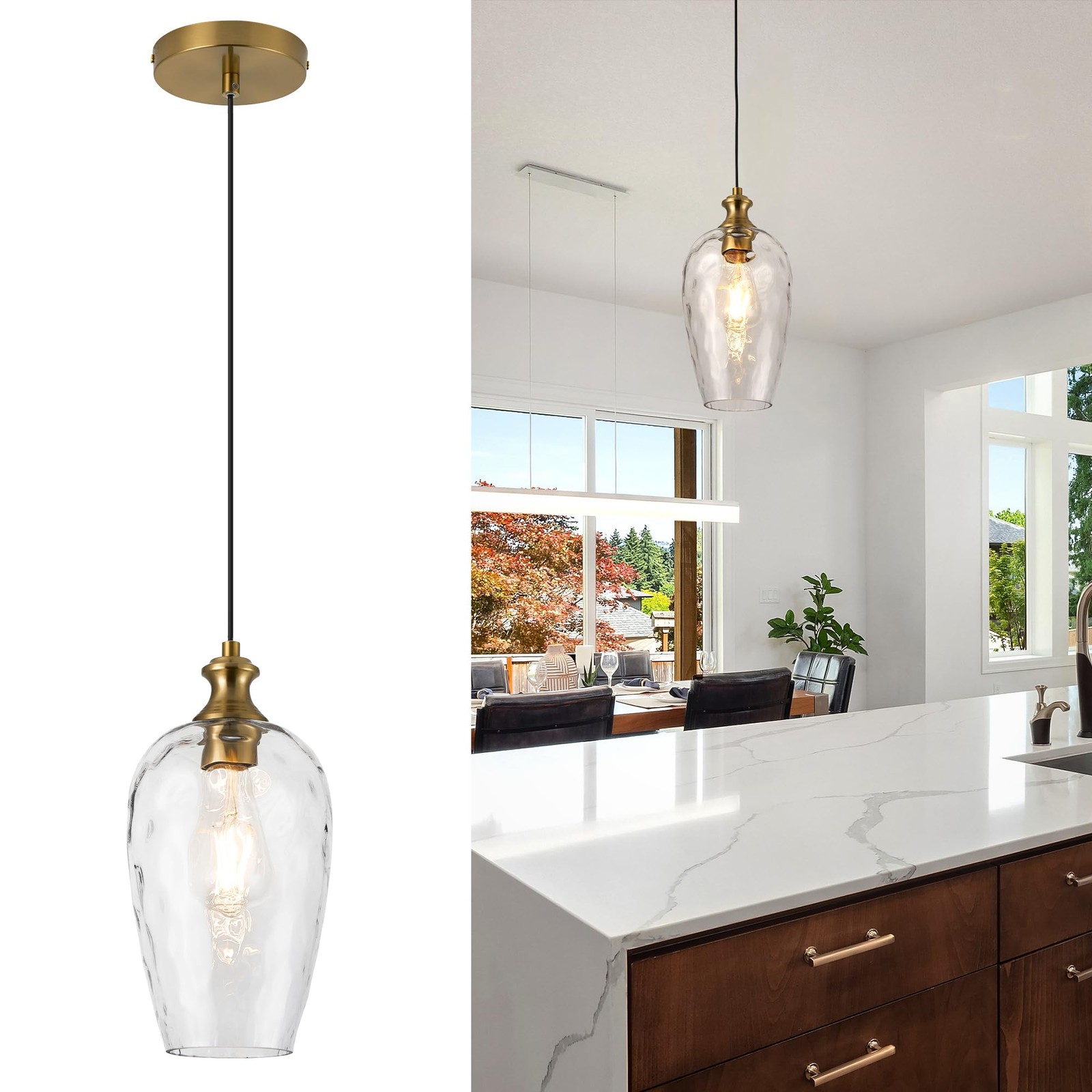 ** NEW Modern Brushed Gold & Glass Pendant Light | E26 | Kitchen Island Fixture